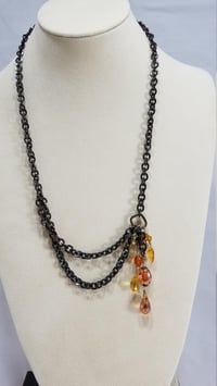Image 4 of Amber and Orange Crystal Drops and Bronze Chain Simple and Elegant Double Strand Asymmetrical Ste...