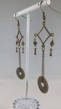 Image 2 of Bronze Drops With Good Luck Coins on Fine Bronze Chain Extra Long Hook Dangling Fantasy Tribal Da...