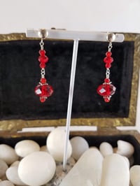 Image 2 of Ruby Red Czech Crystal Sterling Silver Accents Tudor Inspired Drop Earrings Glam Steampunk Night ...