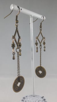 Image 3 of Bronze Drops With Good Luck Coins on Fine Bronze Chain Extra Long Hook Dangling Fantasy Tribal Da...