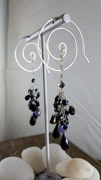 Image 1 of Black and Deep Purple Goth Crystal Tear Cluster Handmade Sterling Spiral Hook Earrings for Steamp...