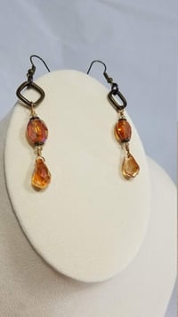 Image 6 of Amber and Orange Crystal Drops and Bronze Chain Simple and Elegant Double Strand Asymmetrical Ste...