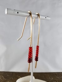 Image 1 of Smash It Pretty Ruby and Garnet Red Glass Super Long Elf Ear Handmade Gauged Bronze Wire Hook Ear...