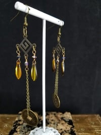 Image 5 of Flame Coated Crystal Blades With Good Luck Coins and Swarovski Crystal on Fine Bronze Chain Extra...