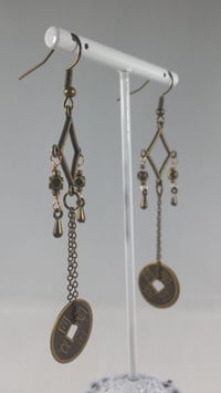 Image 4 of Bronze Drops With Good Luck Coins on Fine Bronze Chain Extra Long Hook Dangling Fantasy Tribal Da...