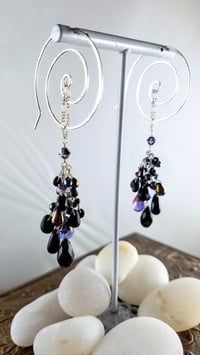 Image 2 of Black and Deep Purple Goth Crystal Tear Cluster Handmade Sterling Spiral Hook Earrings for Steamp...
