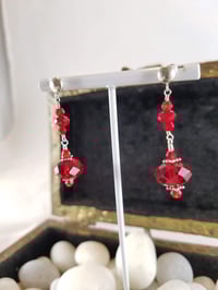 Image 4 of Ruby Red Czech Crystal Sterling Silver Accents Tudor Inspired Drop Earrings Glam Steampunk Night ...