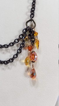 Image 7 of Amber and Orange Crystal Drops and Bronze Chain Simple and Elegant Double Strand Asymmetrical Ste...