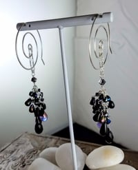 Image 3 of Black and Deep Purple Goth Crystal Tear Cluster Handmade Sterling Spiral Hook Earrings for Steamp...