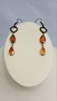 Image 8 of Amber and Orange Crystal Drops and Bronze Chain Simple and Elegant Double Strand Asymmetrical Ste...