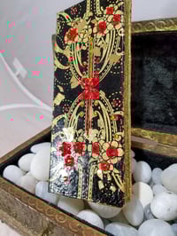 Image 4 of Slim Red Rhinestoned Black and Gold Art Deco Dazzling Makeup Shrine Handmade Magnetic Makeup Pale...