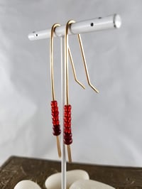 Image 4 of Smash It Pretty Ruby and Garnet Red Glass Super Long Elf Ear Handmade Gauged Bronze Wire Hook Ear...