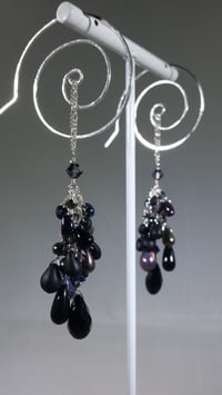 Image 4 of Black and Deep Purple Goth Crystal Tear Cluster Handmade Sterling Spiral Hook Earrings for Steamp...