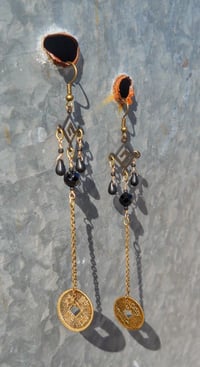 Image 1 of Chinese Coins Black as Onyx Cathedral Beads and Glass Beads on Bronze Chains Shoulder Length Stea...