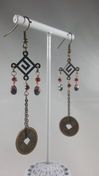 Image 2 of Red Flame Coated Magatama and Vintage Polish Crystals on Bronze Chains Shoulder Length Steampunk ...