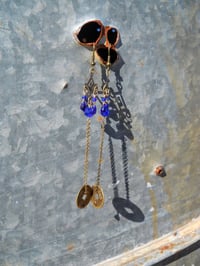 Image 1 of Cobalt Blue Crystal Drops With Good Luck Coins on Fine Bronze Chain Extra Long Hook Dangling Fant...