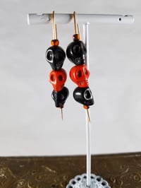 Image 1 of Smash It Pretty Black and Orange Skulls Long Elf Ear Handmade Gauged Bronze Wire Hook Earrings fo...