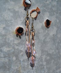 Image 4 of Pink Crystal and Glass Beads on Hammered Bronze Feathers Steampunk Feather Vegan Alternative Bron...
