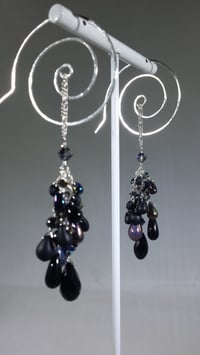 Image 5 of Black and Deep Purple Goth Crystal Tear Cluster Handmade Sterling Spiral Hook Earrings for Steamp...