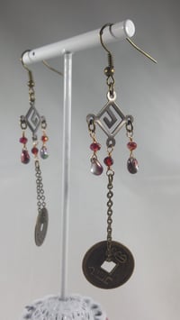 Image 3 of Red Flame Coated Magatama and Vintage Polish Crystals on Bronze Chains Shoulder Length Steampunk ...
