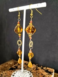 Image 1 of Vintage Bronze and Hand Cut Amber Topaz Czech Crystal Picasso Crystal Drops and Swarovski Crystal...