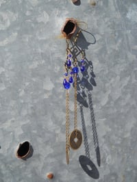 Image 2 of Cobalt Blue Crystal Drops With Good Luck Coins on Fine Bronze Chain Extra Long Hook Dangling Fant...