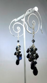 Image 6 of Black and Deep Purple Goth Crystal Tear Cluster Handmade Sterling Spiral Hook Earrings for Steamp...