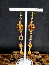 Image 2 of Vintage Bronze and Hand Cut Amber Topaz Czech Crystal Picasso Crystal Drops and Swarovski Crystal...