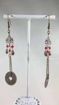 Image 4 of Red Flame Coated Magatama and Vintage Polish Crystals on Bronze Chains Shoulder Length Steampunk ...