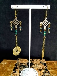 Image 1 of Glittering Green Crystals With Good Luck Coins and Swarovski Crystal on Fine Bronze Chain Extra L...