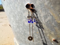 Image 3 of Cobalt Blue Crystal Drops With Good Luck Coins on Fine Bronze Chain Extra Long Hook Dangling Fant...