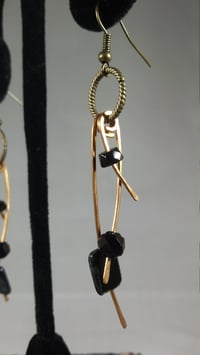 Image 3 of Black as Onyx Crystal and Glass Beads on Three Hammered Bronze Feathers Steampunk Feather Vegan A...