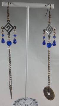 Image 4 of Cobalt Blue Crystal Drops With Good Luck Coins on Fine Bronze Chain Extra Long Hook Dangling Fant...