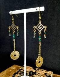 Image 2 of Glittering Green Crystals With Good Luck Coins and Swarovski Crystal on Fine Bronze Chain Extra L...