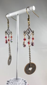 Image 5 of Red Flame Coated Magatama and Vintage Polish Crystals on Bronze Chains Shoulder Length Steampunk ...
