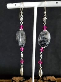 Image 1 of Lustrous Labradorite and Magenta Swarovski Crystals with Silver Accents on Sterling Silver Hooks ...