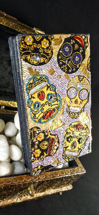 Image 5 of Super Shiny Calaveras Shrine Magnetic Palette Rhinestoned Holographic Glitter Handmade Paper Gold...