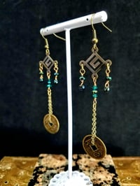 Image 3 of Glittering Green Crystals With Good Luck Coins and Swarovski Crystal on Fine Bronze Chain Extra L...