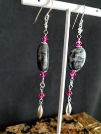 Image 2 of Lustrous Labradorite and Magenta Swarovski Crystals with Silver Accents on Sterling Silver Hooks ...