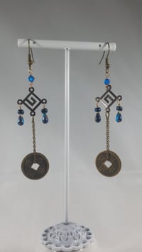 Image 1 of Blue Crystal Drops With Good Luck Coins Swarovski and Czech Crystal on Fine Bronze Chain Extra Lo...