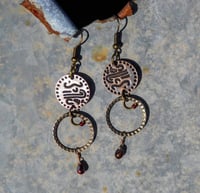Image 1 of Lucky Coins, Bronze Rings, and Red Picasso Tear Drops Bronze Hook Dangling Fantasy Tribal Dance E...