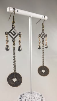 Image 1 of Natural Stone Drops With Good Luck Coins Swarovski and Czech Crystal on Fine Bronze Chain Extra L...