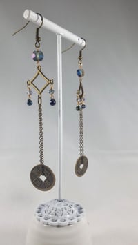 Image 4 of Lavender Aurora Borealis Coated Crystal Drops With Good Luck Coins on Fine Bronze Chain Extra Lon...