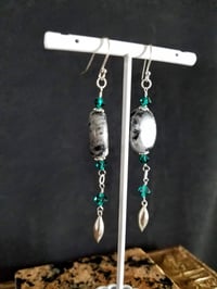Image 2 of Lustrous Labradorite and Teal Swarovski Crystals with Silver Accents on Sterling Silver Hooks Lon...