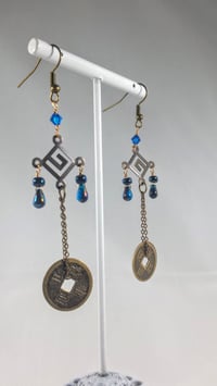 Image 2 of Blue Crystal Drops With Good Luck Coins Swarovski and Czech Crystal on Fine Bronze Chain Extra Lo...