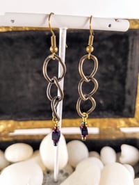 Image 1 of Purple Sparkle Cubes With Flame Coated Swarovski and Bronze Chain Wire Hook Dangling Earrings for...