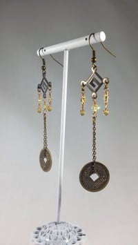 Image 1 of Gold Tone Crystal Drops With Good Luck Coins on Fine Bronze Chain Extra Long Hook Dangling Fantas...