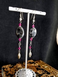 Image 4 of Lustrous Labradorite and Magenta Swarovski Crystals with Silver Accents on Sterling Silver Hooks ...