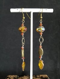 Image 3 of Fall Leaves Bronze Accents and Hand Cut Amber Topaz Czech Crystal and Leaf Drops Swarovski Crysta...