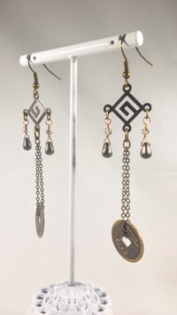 Image 2 of Natural Stone Drops With Good Luck Coins Swarovski and Czech Crystal on Fine Bronze Chain Extra L...